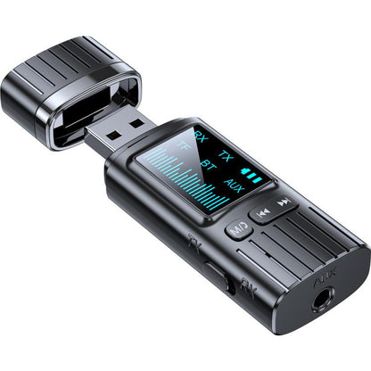 Black Bluetooth audio adapter with LED digital display and USB plug, receiver/transmitter unit