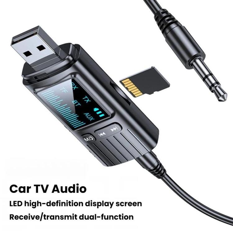 Black Bluetooth audio adapter with LED display, USB plug, and 3.5mm-style audio connector