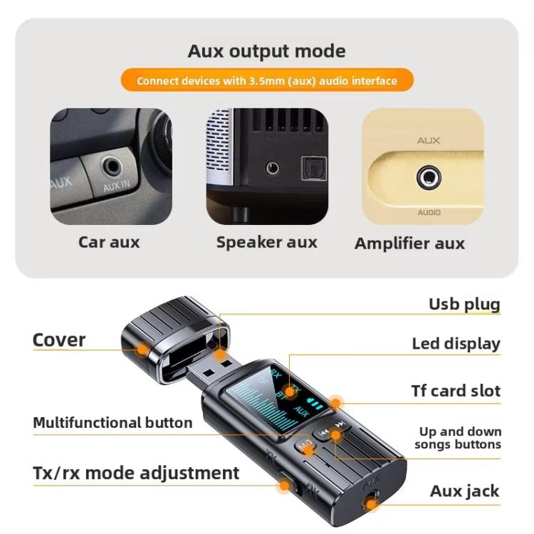 Bluetooth audio adapter with aux 3.5mm output, USB plug, LED display, and buttons.