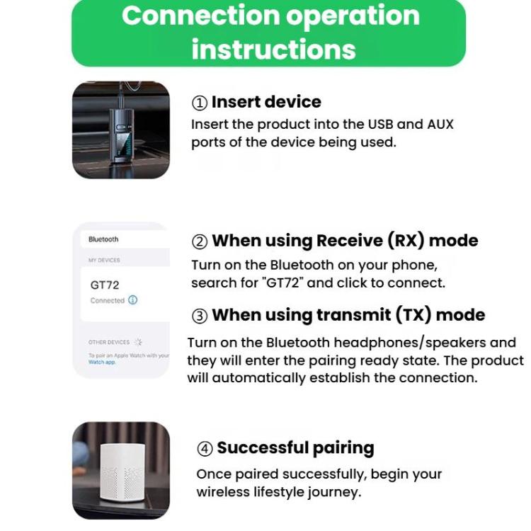 Bluetooth audio adapter with RX/TX pairing instructions using USB and AUX ports.