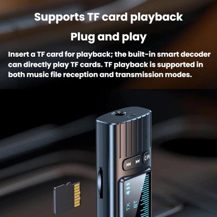 Black Bluetooth audio adapter with LED display, TF card slot, and plug-and-play design