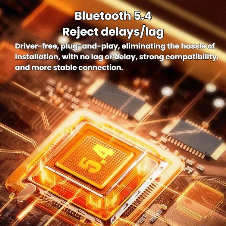 Bluetooth audio adapter close-up with glowing circuit-style background and enhanced Bluetooth 5.4