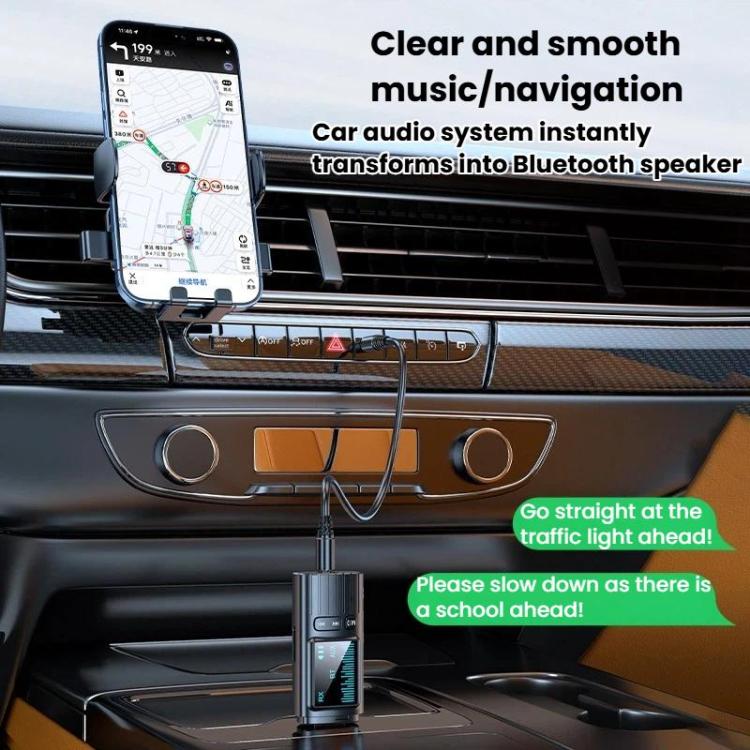 Bluetooth audio adapter mounted near a car dashboard vent with LED display screen