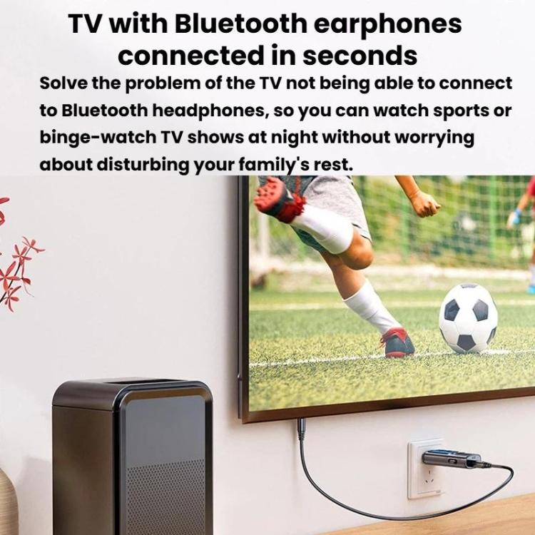 Bluetooth audio adapter near a wall outlet with TV earphones connection setup
