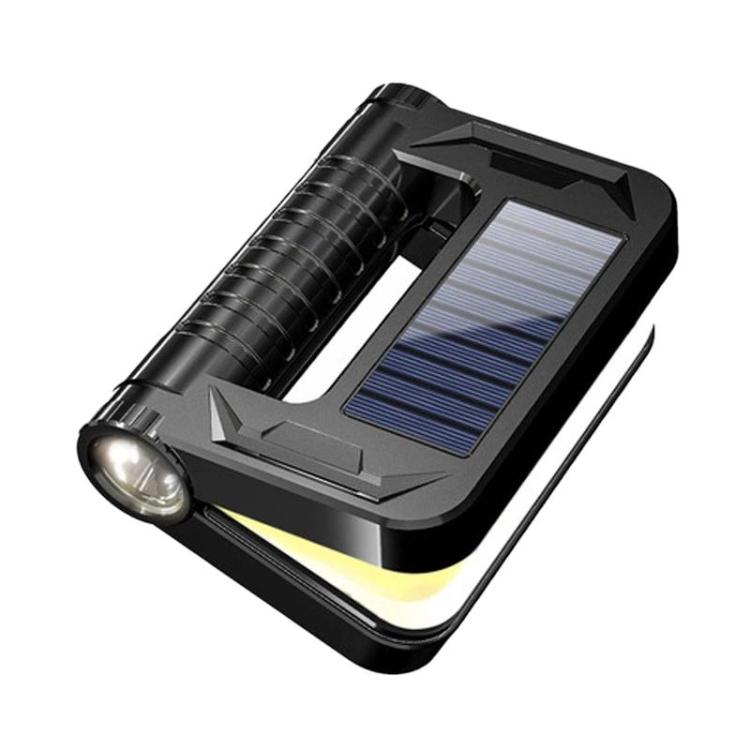 Foldable solar camping lantern, black body with open solar panel and front LED light