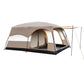 Khaki camping shelter tent with orange-trim entrance awning and open side panels