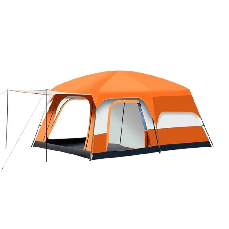 Orange and gray camping shelter tent with arched front entrances and side mesh panels