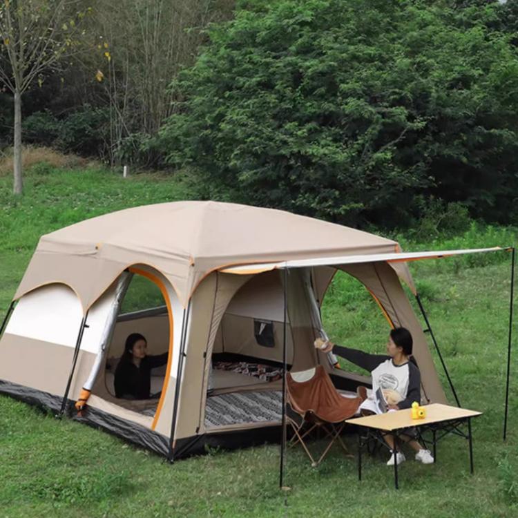 Khaki camping shelter tent with open entrance, side mesh panels, and awning