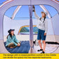 Camping tent interior with center divider curtain and large curved window panels