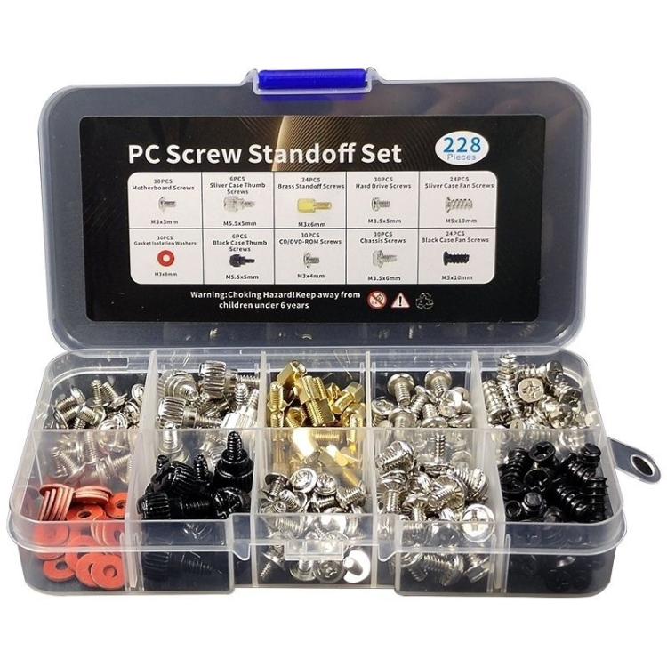 228-piece PC mounting screw and standoff set in clear storage organizer box