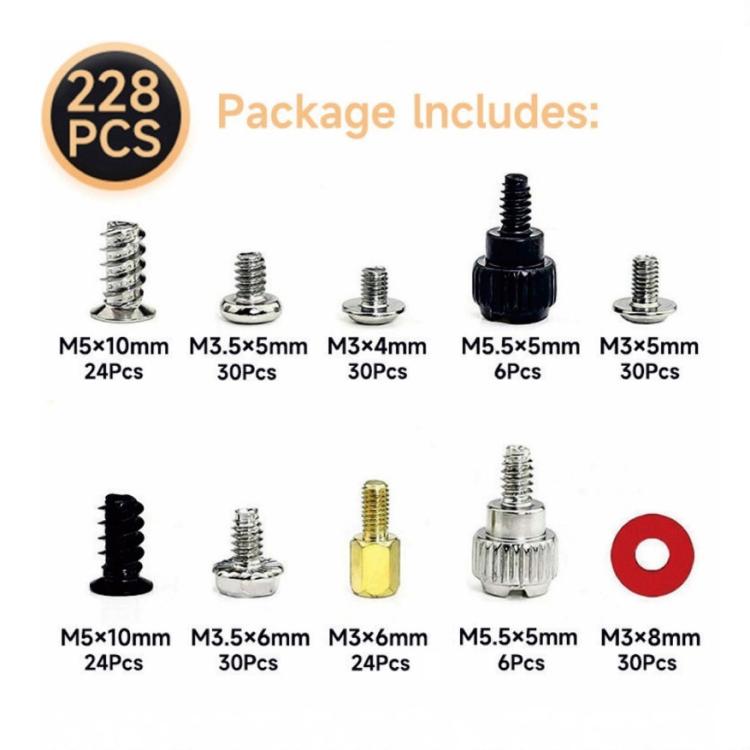 228-piece PC mounting screw kit showing multiple screw sizes and counts