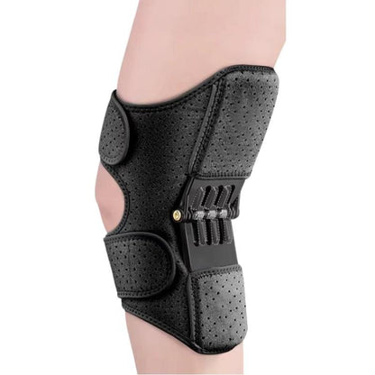 Black neoprene knee brace with patellar cutout and adjustable side strap