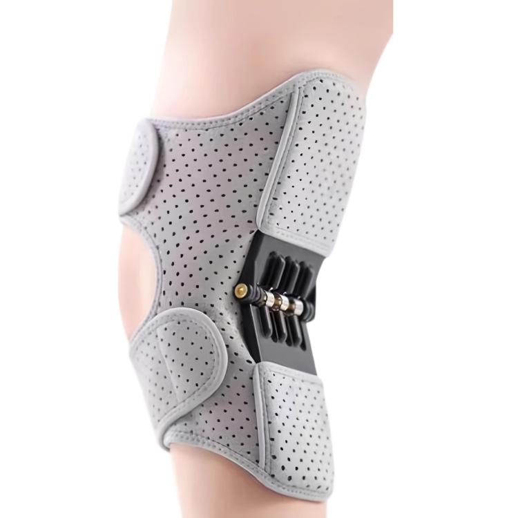 Gray perforated knee brace with patellar cutout and adjustable side strap