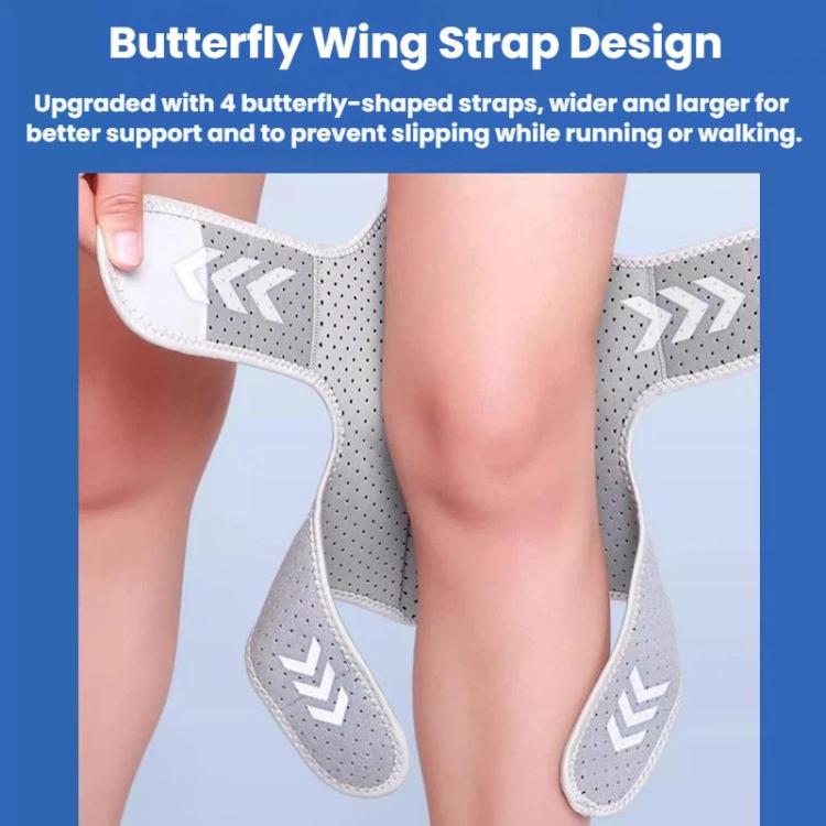 Gray knee brace with butterfly-style side straps and cushioned support pads