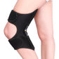 Black knee brace on leg with patellar cutout and hook-and-loop strap