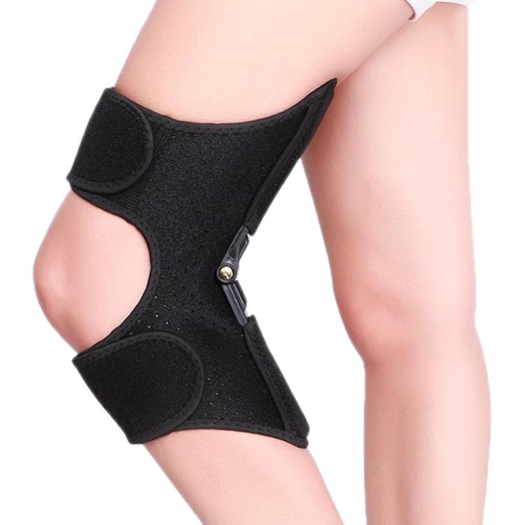 Black knee brace on leg with patellar cutout and hook-and-loop strap