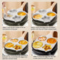 Beige four-hole nonstick frying pan with wooden handle, top view of cooking cups