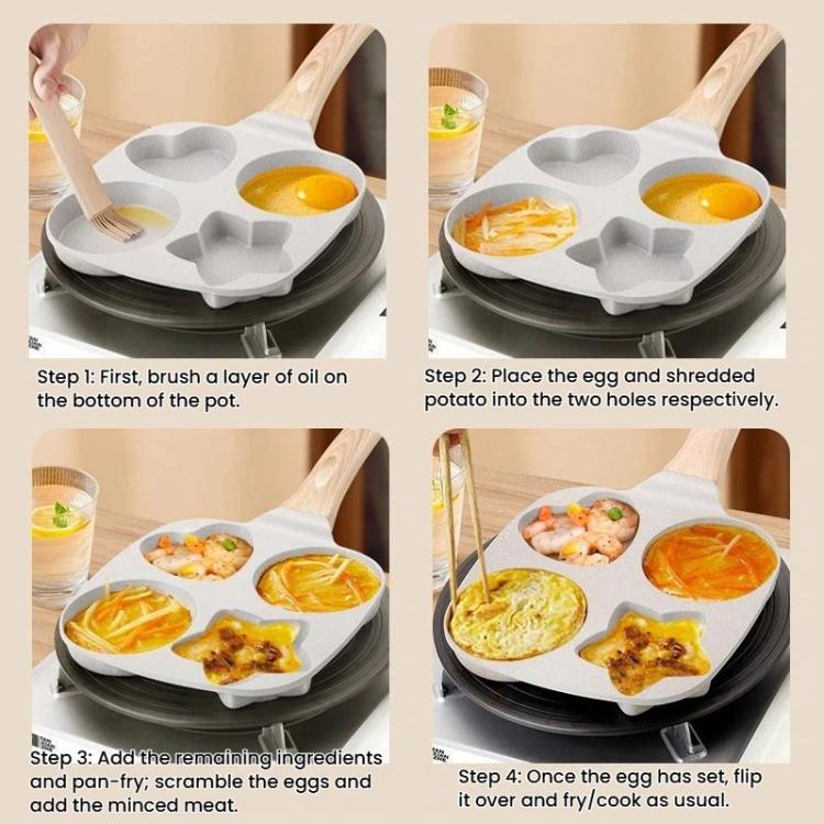 Beige four-hole nonstick frying pan with wooden handle, top view of cooking cups