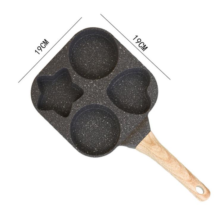 Black four-hole nonstick frying pan with wooden handle and size markings