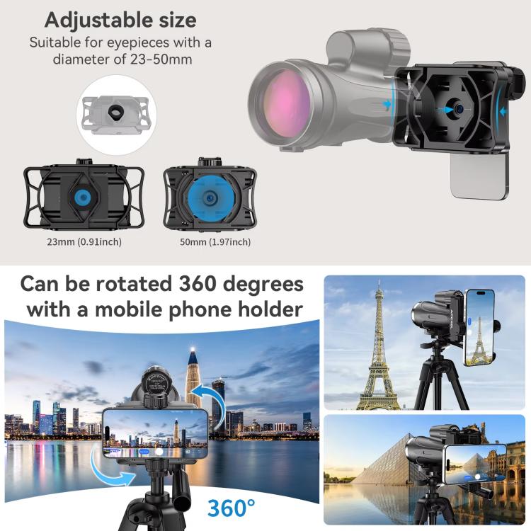 Adjustable-size digital eyepiece camera adapter with rotation mount and phone holder