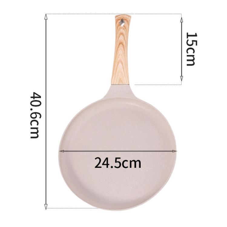 Beige non-stick frying pan with wooden handle, 24.5 cm diameter.