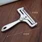 Adjustable thickness cheese slicer, silver metal frame with wire and size markings