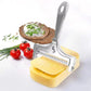 Adjustable thickness cheese slicer with wire and silver frame on white background
