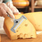 Adjustable thickness cheese slicer with wire, used by gloved hand to slice cheese