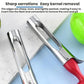 Stainless steel fruit corer with serrated edges and red-green plastic handles