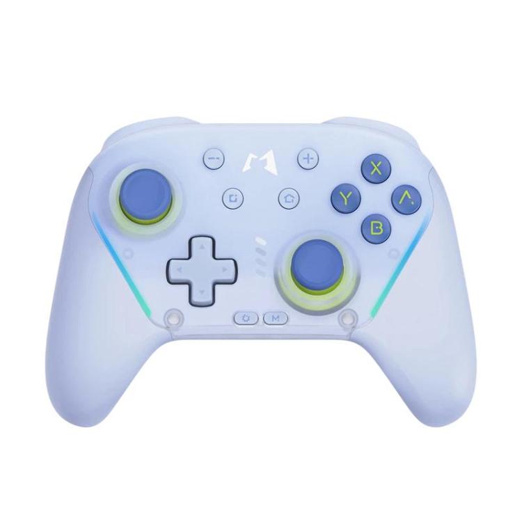 Light blue wireless game controller with green thumbsticks and cross plus button layout