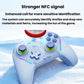 Light blue wireless controller on snow with colorful face buttons and green thumbsticks