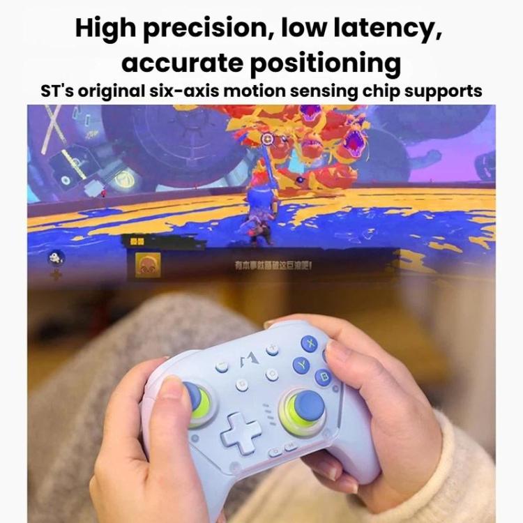 Hands holding a light blue wireless controller with green thumbsticks and D-pad