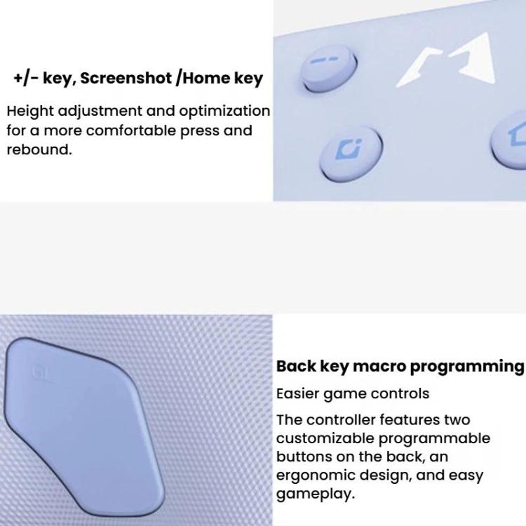 Light blue controller close-up showing plus/minus keys and back macro button area