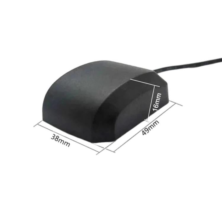 Black GPS antenna puck module with size measurements (38mm x 49mm)