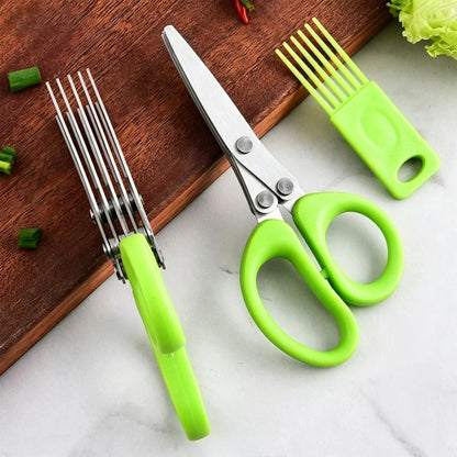 Multi-blade kitchen scissors with bright green loop handles and stainless steel blades
