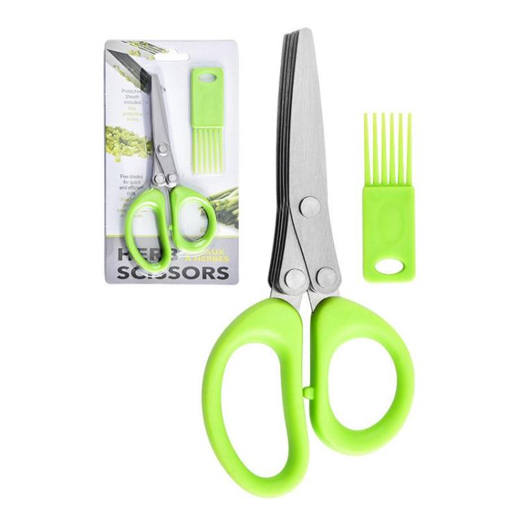 Green-handled multi-blade kitchen scissors shown with protective comb blade cover