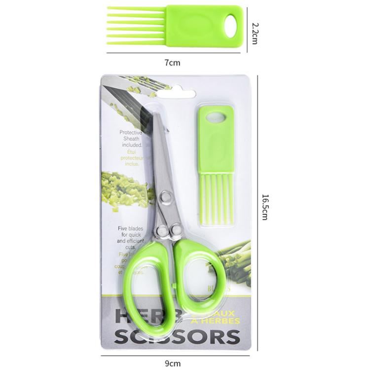 Green scallion scissors with multi-blade stainless head, shown in blister package.