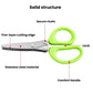 Green comfort-handle multi-blade kitchen scissors with stainless five-layer cutting edge