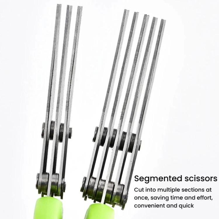 Segmented multi-blade kitchen scissors with stainless blades and bright green handles