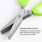 Close-up of stainless multi-blade cutting head with bright green handle grips
