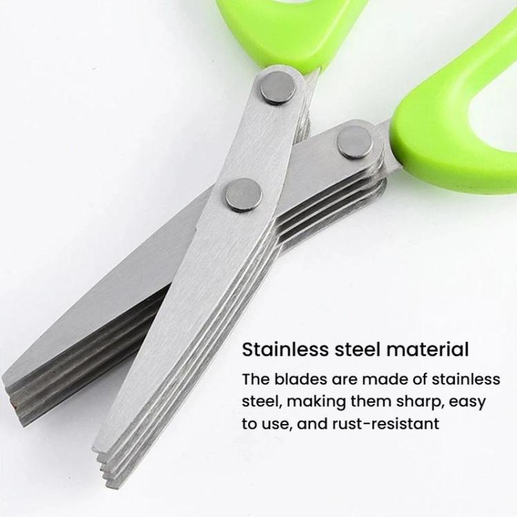 Close-up of stainless multi-blade cutting head with bright green handle grips