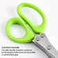 Multi-blade kitchen scissors with bright green loop handles and stainless steel blades