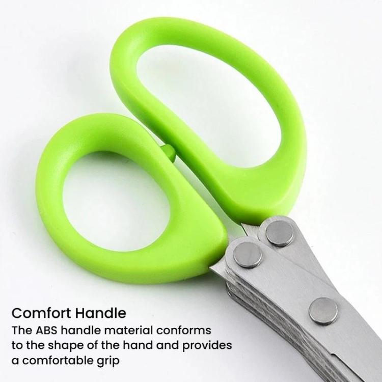 Multi-blade kitchen scissors with bright green loop handles and stainless steel blades