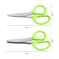 Multi-blade kitchen scissors with bright green loop handles and stainless steel blades