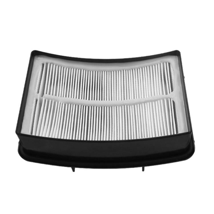 Curved vacuum filter with white pleated media in black frame