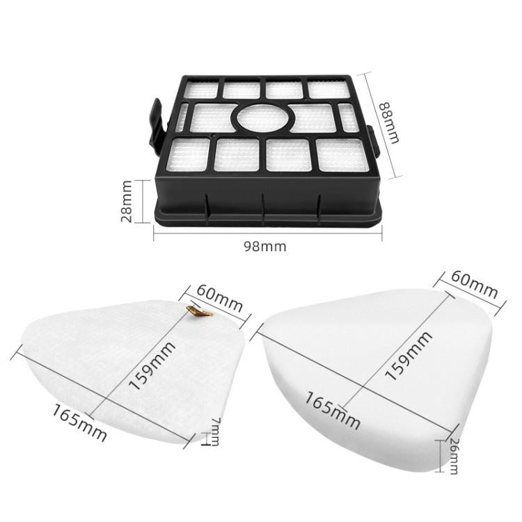 Vacuum filter accessories: black frame with white mesh and two white cotton pads