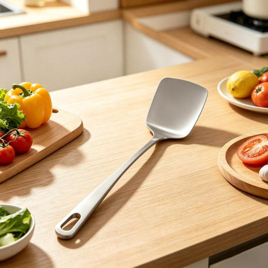 Stainless steel solid kitchen spatula with long handle and oval loop hole