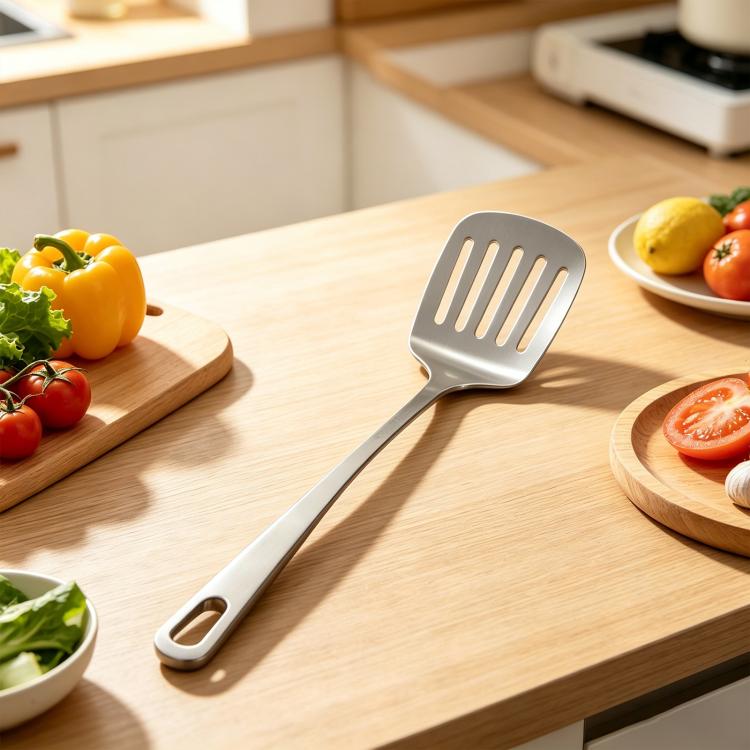 Stainless steel slotted kitchen spatula with long handle and hanging loop