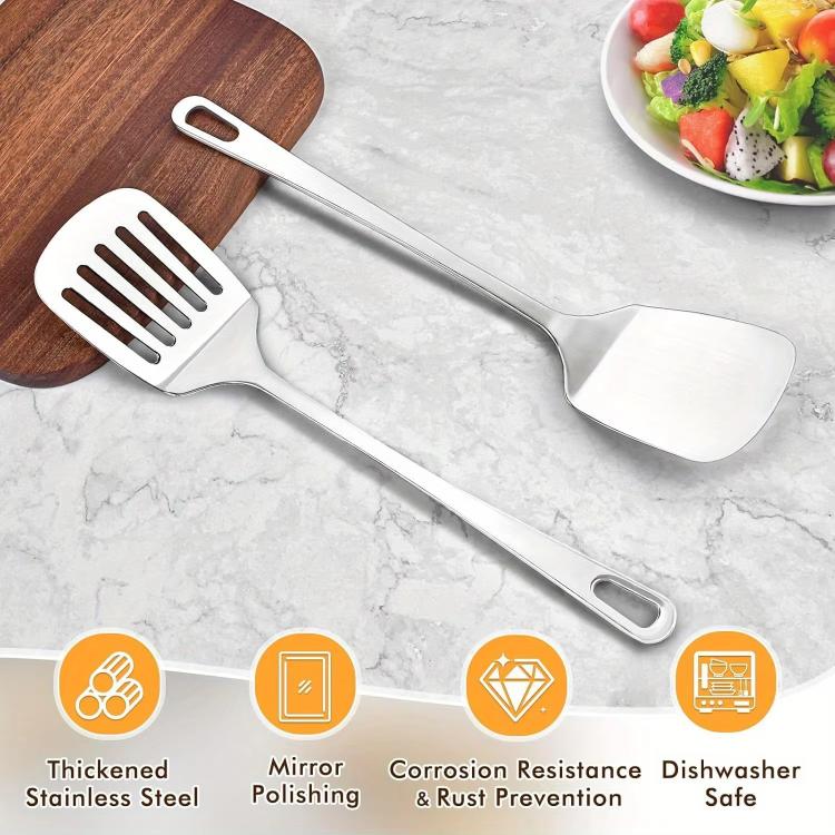 Stainless steel spatula set: solid and slotted heads with long handles