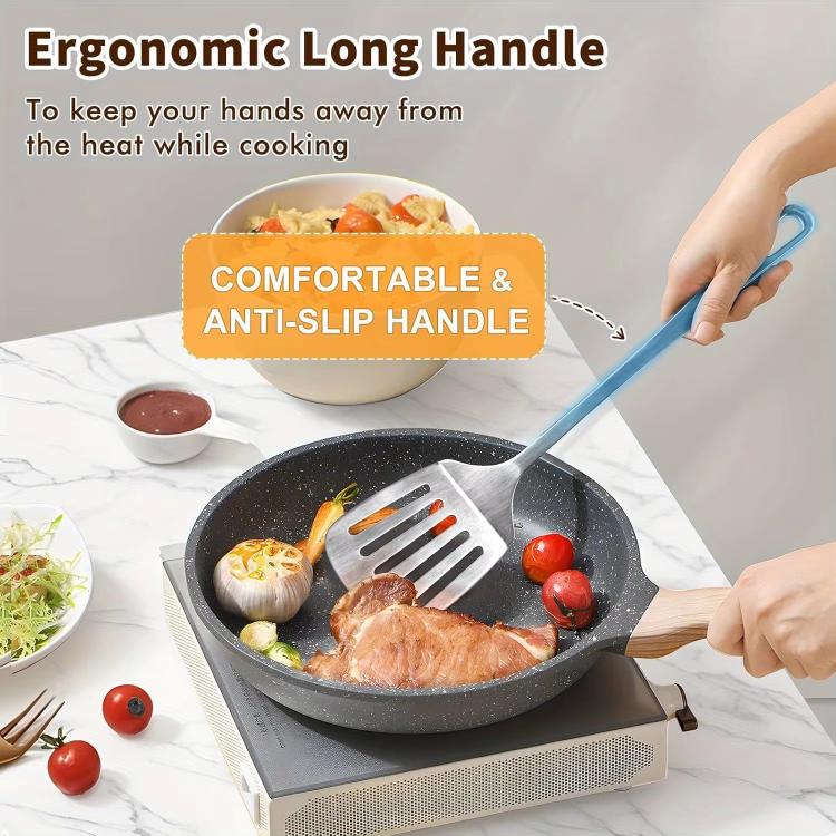 Stainless steel slotted spatula with long ergonomic handle, anti-slip grip